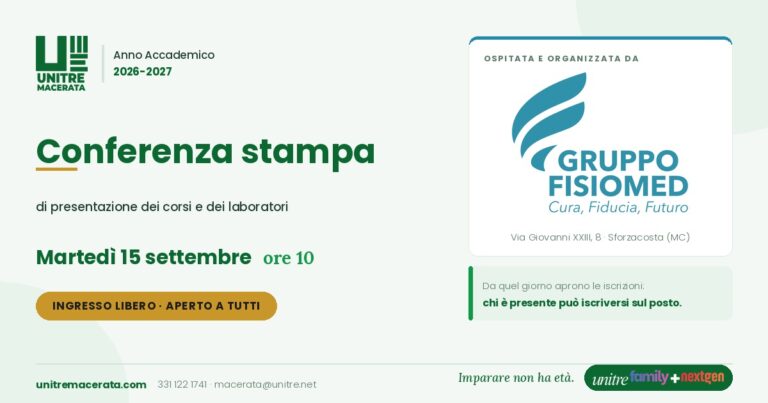 Locandina UniTre Macerata: conferenza stampa di presentazione dei corsi e dei laboratori, martedì 15 settembre alle 10 presso Gruppo Fisiomed a Sforzacosta, ingresso libero