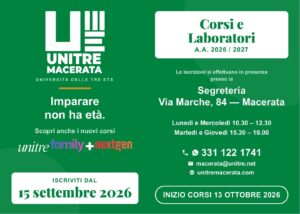 Manifesto UniTre Macerata: Corsi e Laboratori A.A. 2026/2027, iscrizioni dal 15 settembre 2026, inizio corsi 13 ottobre 2026